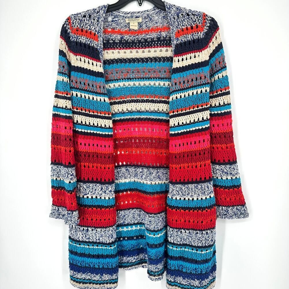 Lucky Brand Crochet Long Cardigan Multicolor Open Front Women’s S Y2K Boho Indie